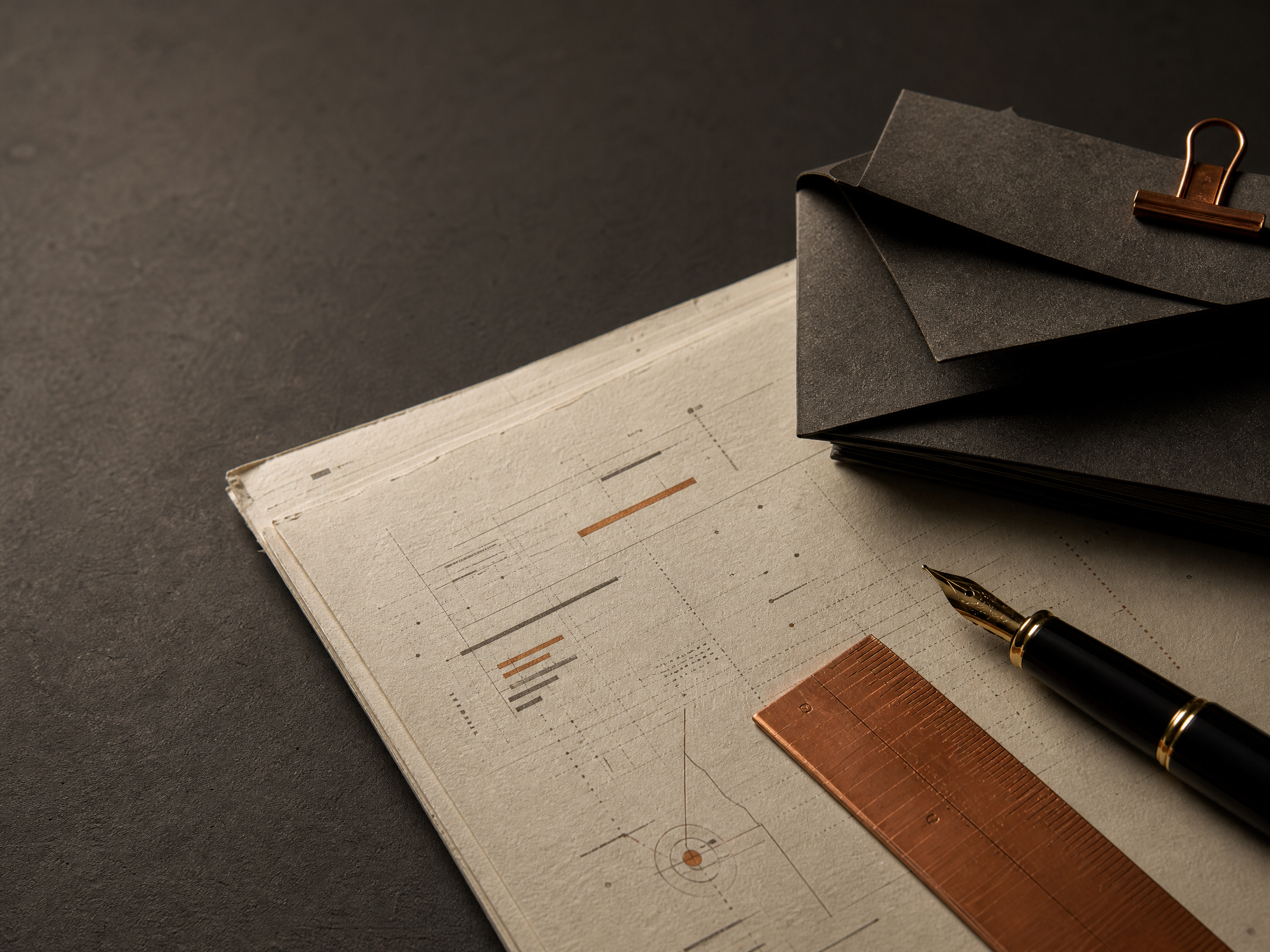 RSD evidence ledger with paper, copper ruler, and pen