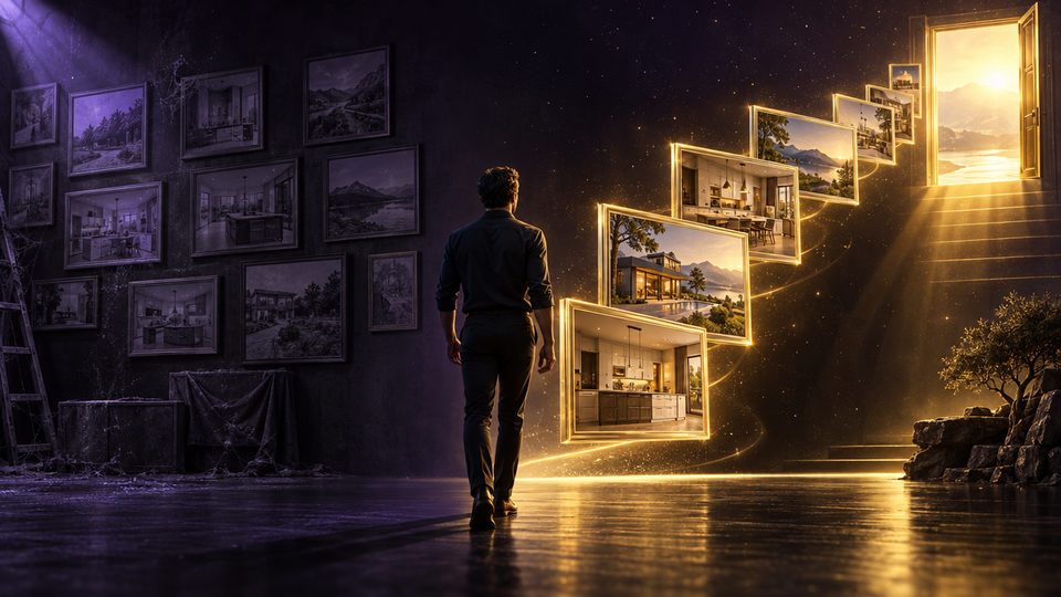 A man walking toward glowing project photos that lead to an open door