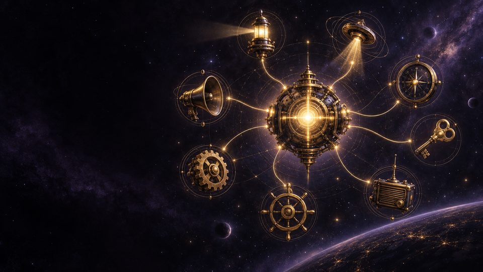 Eight gold components orbiting a glowing engine core